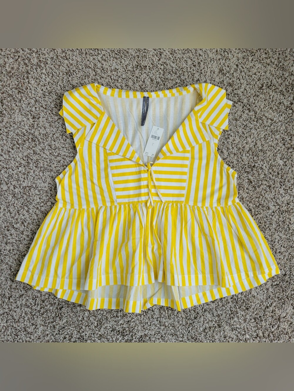 Anthropologie Shirt Top Blouse Yellow White Striped Collared Tie Front Small NWT
